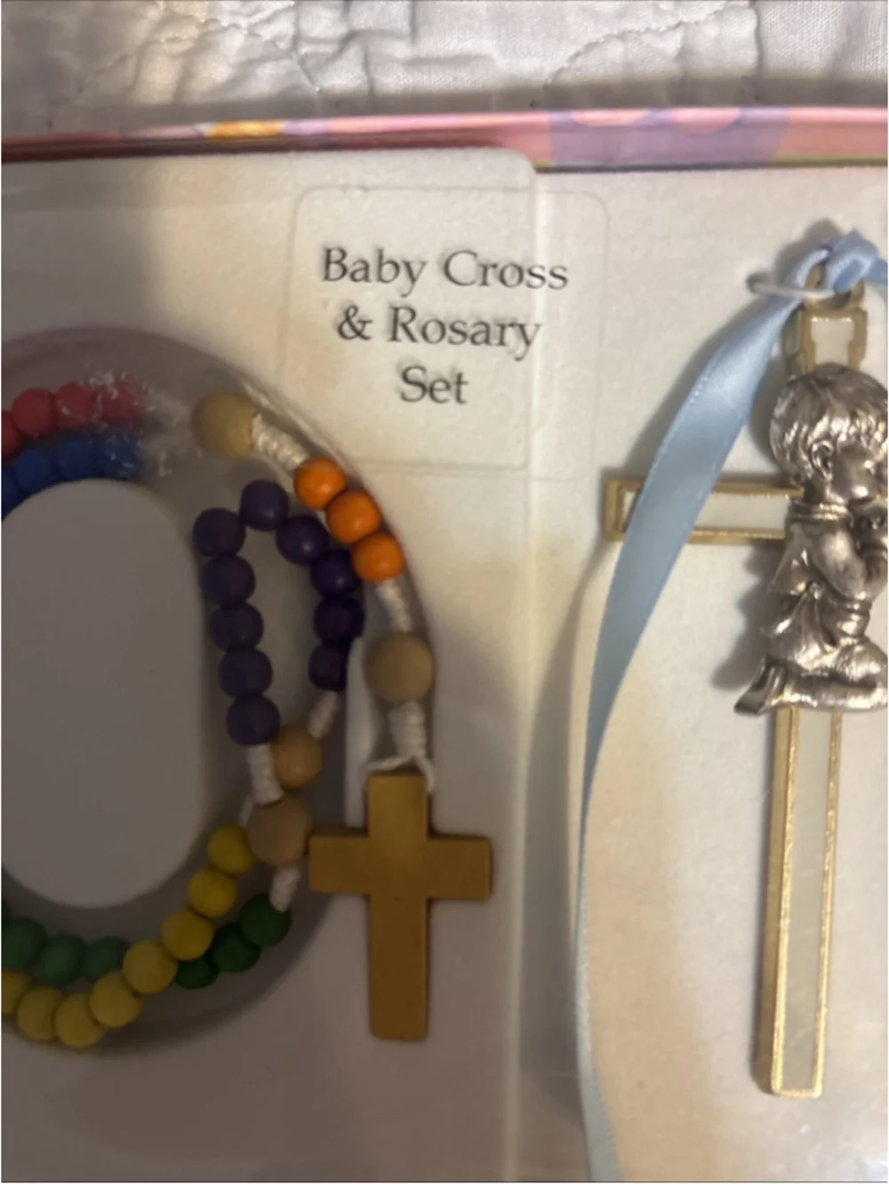 Boys Crib Cross Rosary Gift Set Children Christening Nursery Room Decor